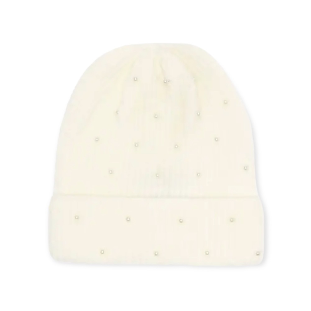 Steve Madden Ribbed Faux Pearl Embellished Ivory Beanie